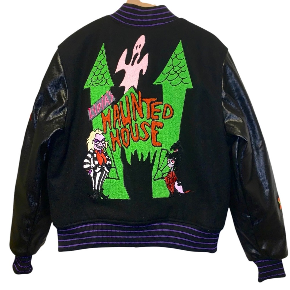 Beetlejuice Halloween Horror Haunted House Mens Varsity Embroidered Patch Jacket - Picture 2 of 11
